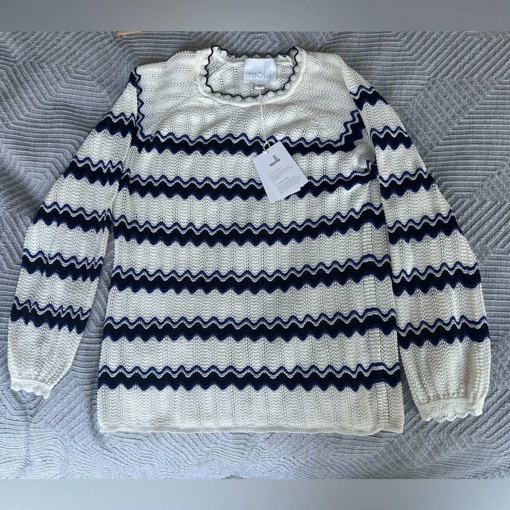 NWT Molli milk white striped pointelle top pure cotton blue black zigzag stripes